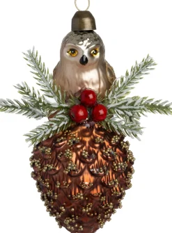 Intratuin kerst ornament dennenappel uil grijs / bruin D 6,7 H 14,5 cm