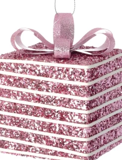 Intratuin kerst ornament Lahja cadeau roze streep 6 x 6 x 8,5 cm