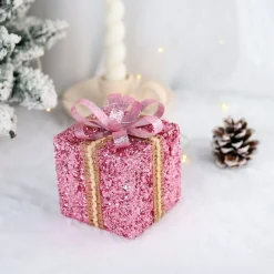 Intratuin kerst ornament Lahja cadeau roze glitter 6 x 6 x 8,5 cm