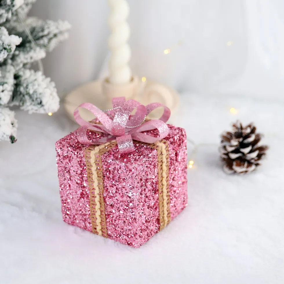 Intratuin kerst ornament Lahja cadeau roze glitter 8 x 8 x 12 cm