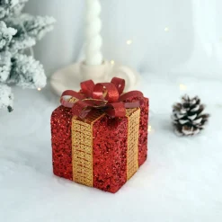 Intratuin kerst ornament Lahja cadeau rood pailletten 8 x 8 x 12 cm