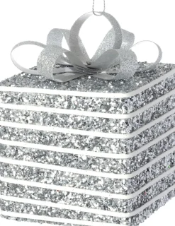 Intratuin kerst ornament Lahja cadeau zilver streep 8 x 8 x 12 cm