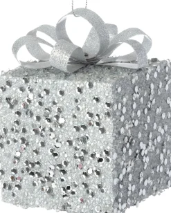 Intratuin kerst ornament Lahja cadeau zilver bepareld 6 x 6 x 8,5 cm