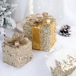 Intratuin kerst ornament Lahja cadeau goud pailletten 6 x 6 x 8,5 cm