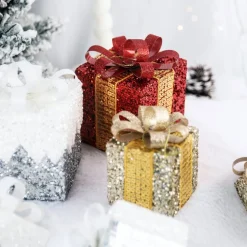 Intratuin kerst ornament Lahja cadeau rood pailletten 6 x 6 x 8,5 cm