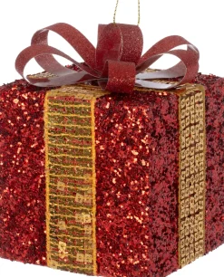 Intratuin kerst ornament Lahja cadeau rood pailletten 6 x 6 x 8,5 cm