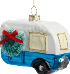 Intratuin kerst ornament Nivar caravan blauw / wit 8 x 4 x 7 cm