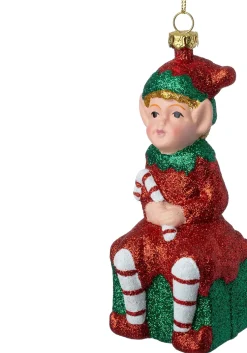 Intratuin kerst ornament Olfa elf cadeau zittend rood / goud / groen 6,1 x 5 x 13,3 cm