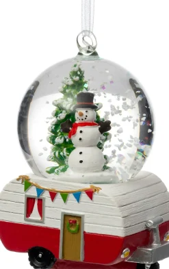 Intratuin kerst ornament Ravi sneeuwbol caravan wit / rood 5 x 4,5 x 7 cm