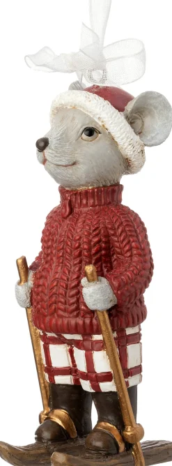 Intratuin kerst ornament Rumi muis ski rood / grijs 4 x 4,5 x 10,3 cm