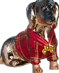 Intratuin kerst ornament teckel bruin / rood 12,4 x 3,6 x 8,4 cm