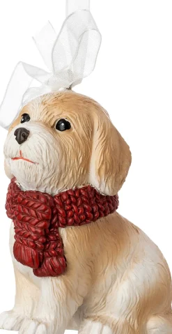 Intratuin kerst ornament Vico hond met sjaal zittend bruin 3,4 x 5,4 x 7,5 cm