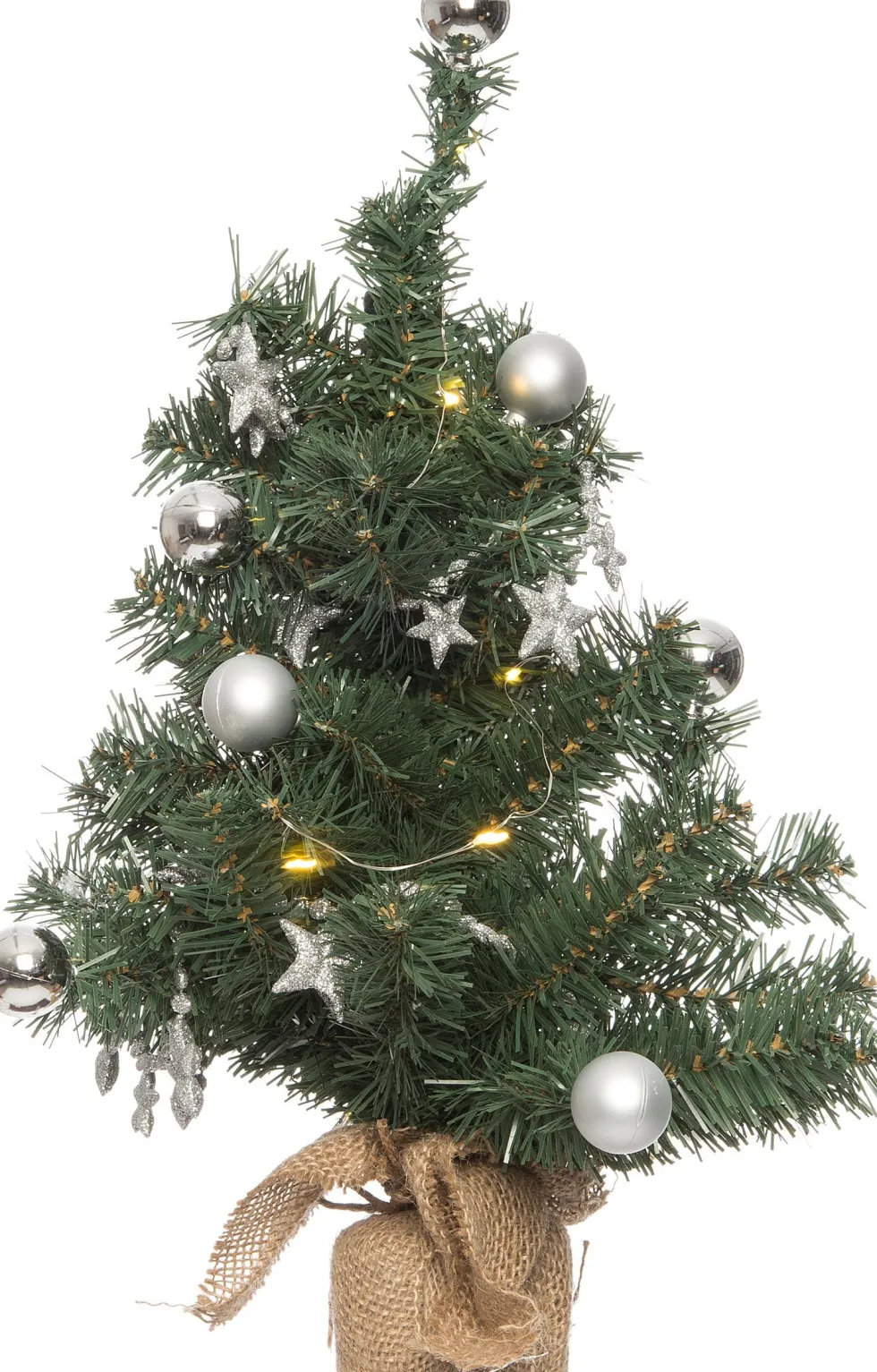 Intratuin mini kunstkerstboom met versiering op jute voet met 10 lampjes warm wit D 28 H 45 cm