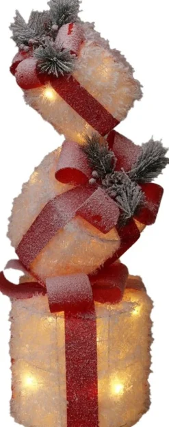 Kerstfiguur cadeaudozen wit met verlichting 26 x 26 x 86 cm