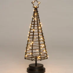 Kerstfiguur decoratieboom zwart / koper D 11 H 36 cm met 60 LED lampjes warm wit