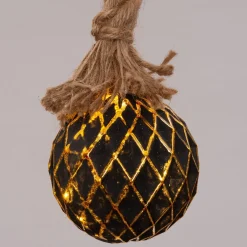 Kerstlamp met touw zwart / goud D 10 cm met 8 lampjes warm wit