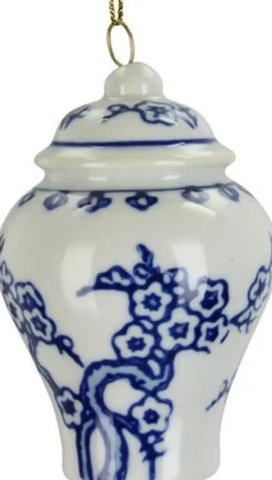 Kerst ornament Astonne wit / blauw bloemen D 5 H 7 cm