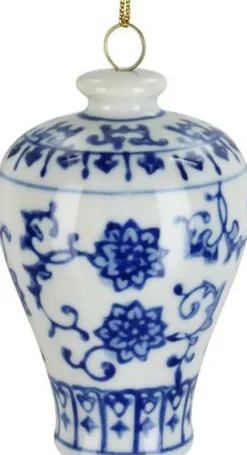 Kerst ornament Astonne wit / blauw bloemen en bladeren D 5 H 7 cm