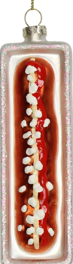 Kerst ornament frikandel rood / wit 4 x 2,8 x 12,8 cm
