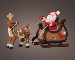 Lumineo kerstfiguur kerstman met slee rood / bruin met verlichting 82,5 x 33 x 47 cm