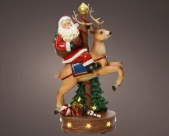 Lumineo kerstfiguur kerstman op rendier met verlichting 19,5 x 12 x 33,5 cm