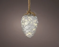 Lumineo kersthanger dennenappel aan touw zilver met verlichting 15 x 15 x 21 cm