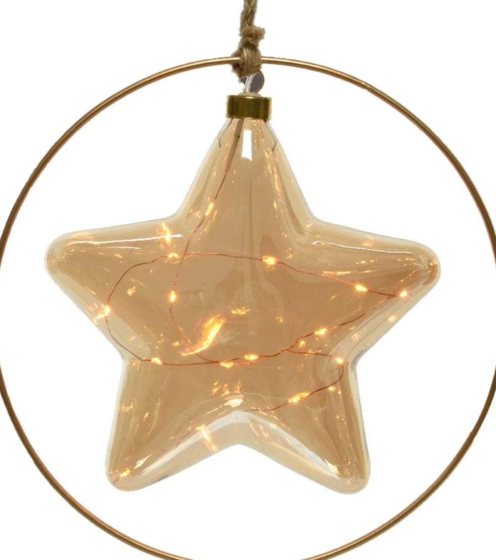 Lumineo kersthanger ster in ring oranje met verlichting 26 x 26 x 6,5 cm