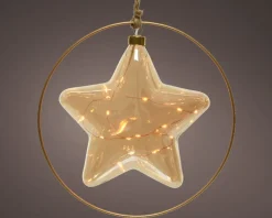 Lumineo kersthanger ster in ring oranje met verlichting 26 x 26 x 6,5 cm