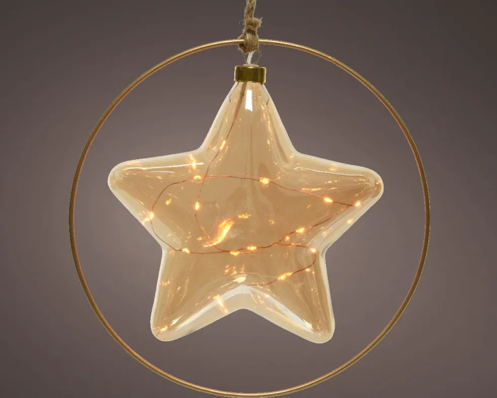 Lumineo kersthanger ster in ring oranje met verlichting 26 x 26 x 6,5 cm