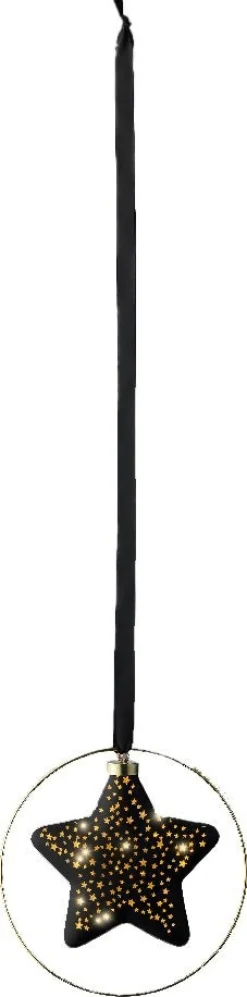 Lumineo kersthanger ster in ring zwart met verlichting 6,5 x 26 x 26 cm
