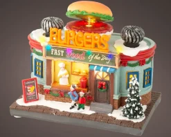 Lumineo kersthuisje burgers fast food (hamburgertent) 12 x 19,5 x 16 cm