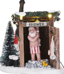 LuVille kerstdorpminiatuur kerstman onder de douche 10 x 8,5 x 11 cm