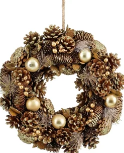 Mica Decorations kerstkrans Eton bruin / goud dennenappels D 34 H 9 cm