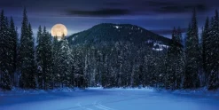 My Village kerstdorp achtergrond bergen nacht 150 x 75 x 0,5 cm