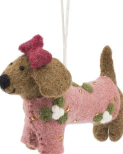 Sjaal met Verhaal kerst ornament teckel roze / bruin 13 x 4 x 9 cm