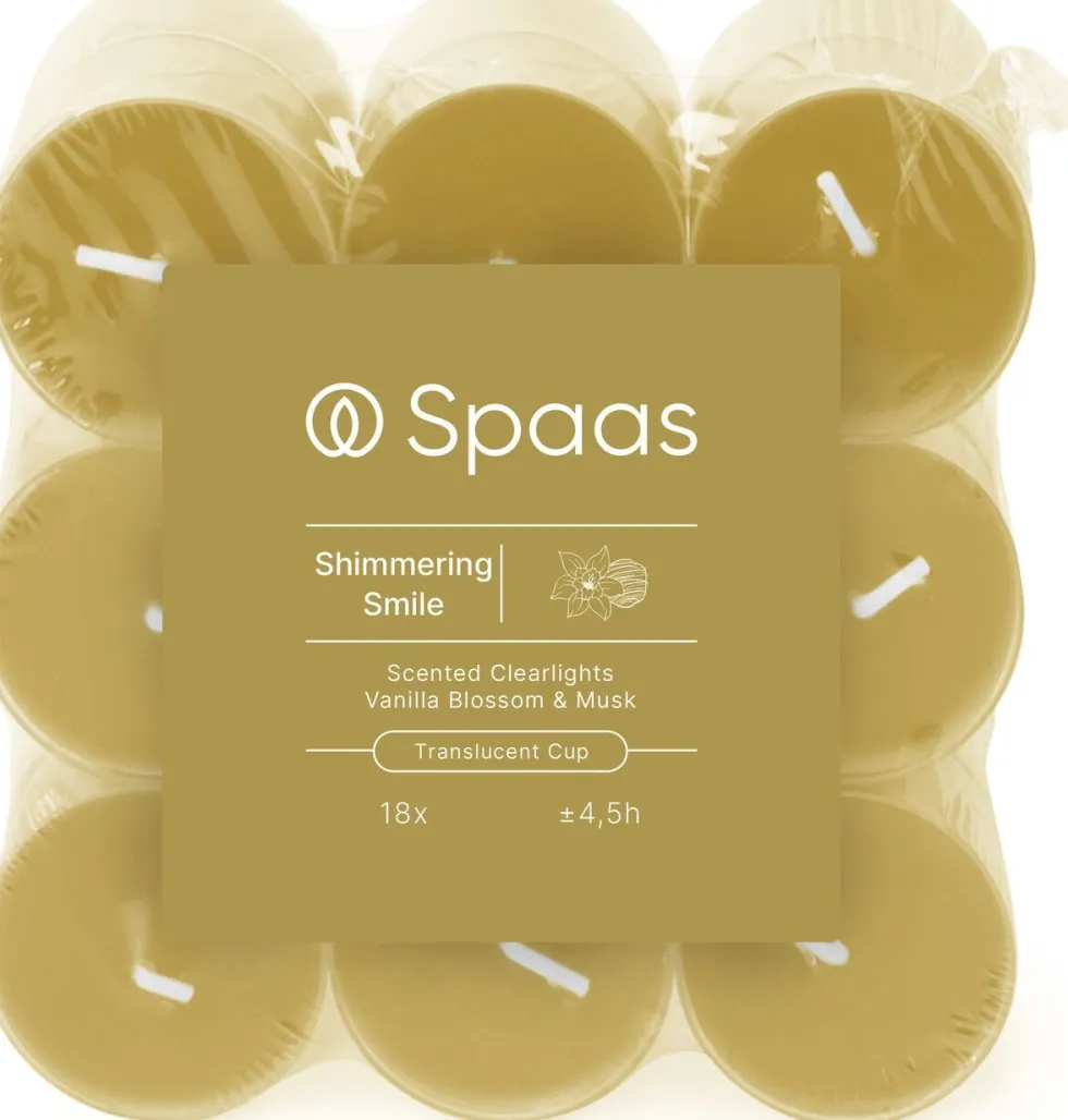 Spaas geurkaars Essential collection Shimmering Smile beige 4,5 uur D 3,5 H 1,6 cm 18 stuks