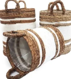 Van der Leeden plantenmand Abaca naturel / wit D 34 H 40 cm