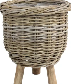 Van der Leeden plantenmand op poten rotan grijs D 41 H 54 cm